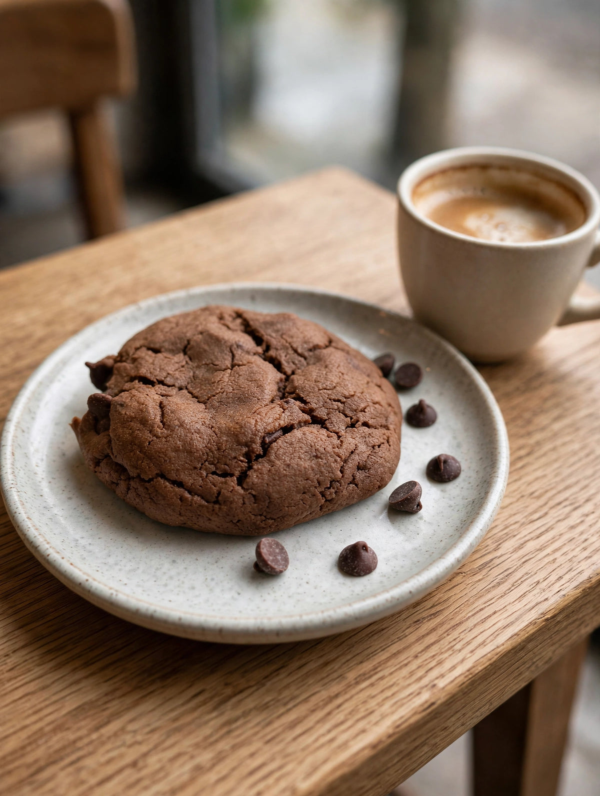 A soft chocolate chip cookie on a plate beside coffee.