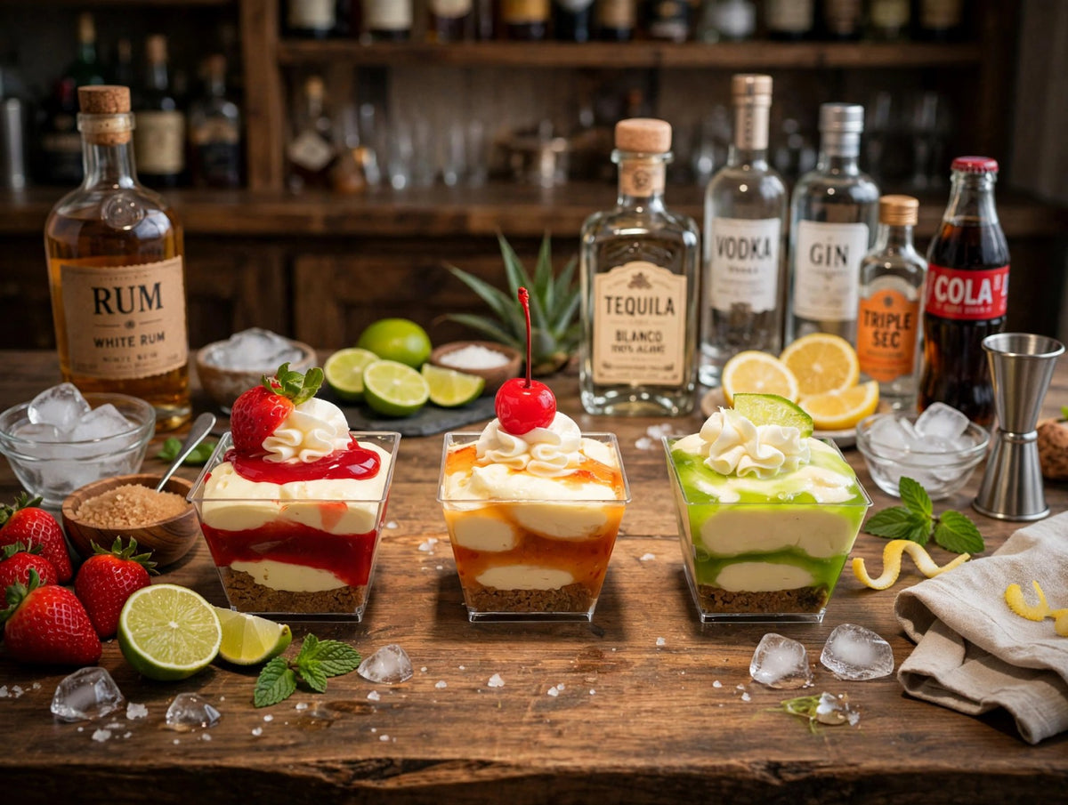 Three colorful cheesecake cups with cocktail-inspired garnishes