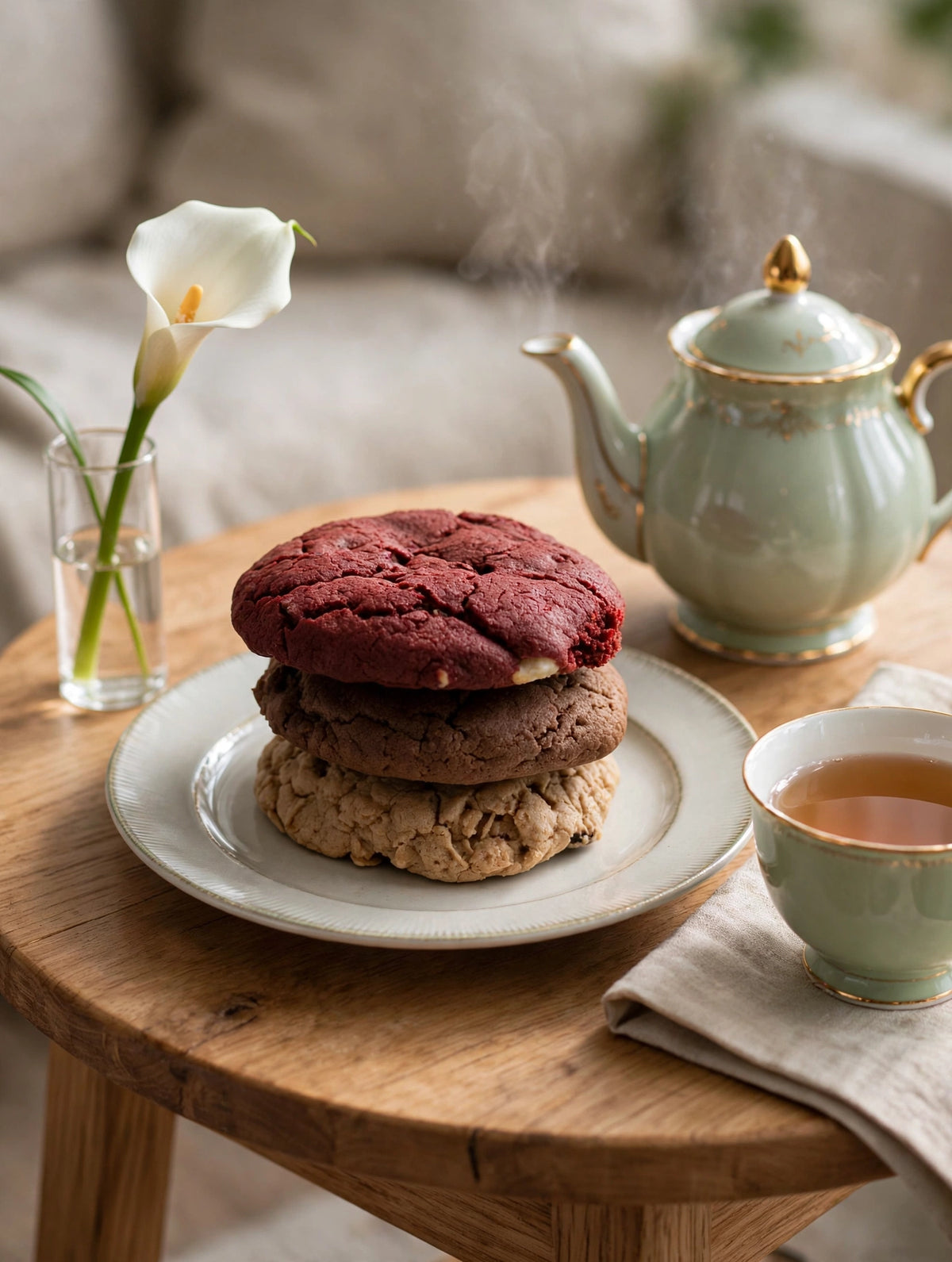 A stack of red velvet, chocolate, and oatmeal raisin cookies with tea.