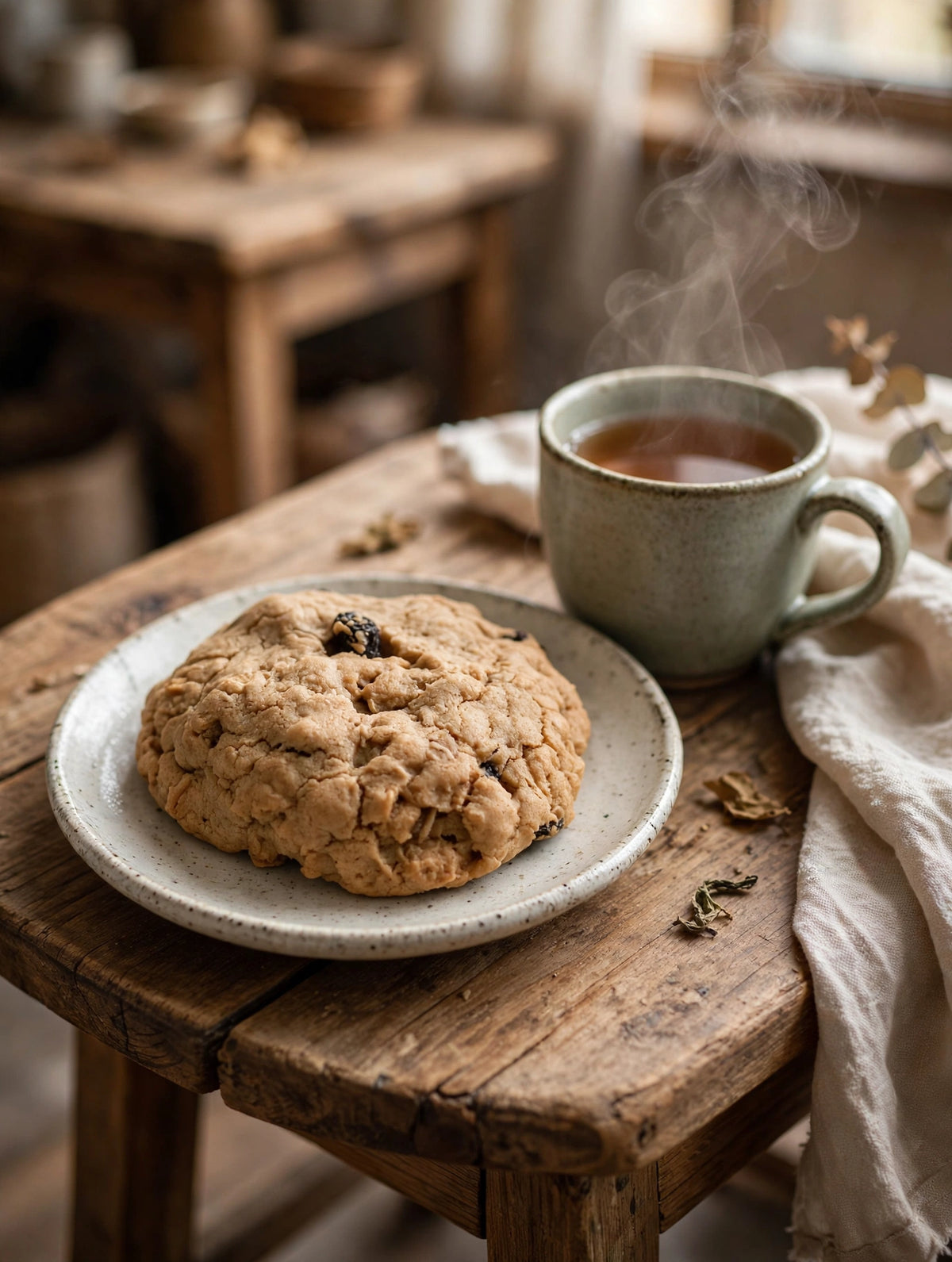 A large oatmeal raisin cookie on a plate beside a cup of tea.