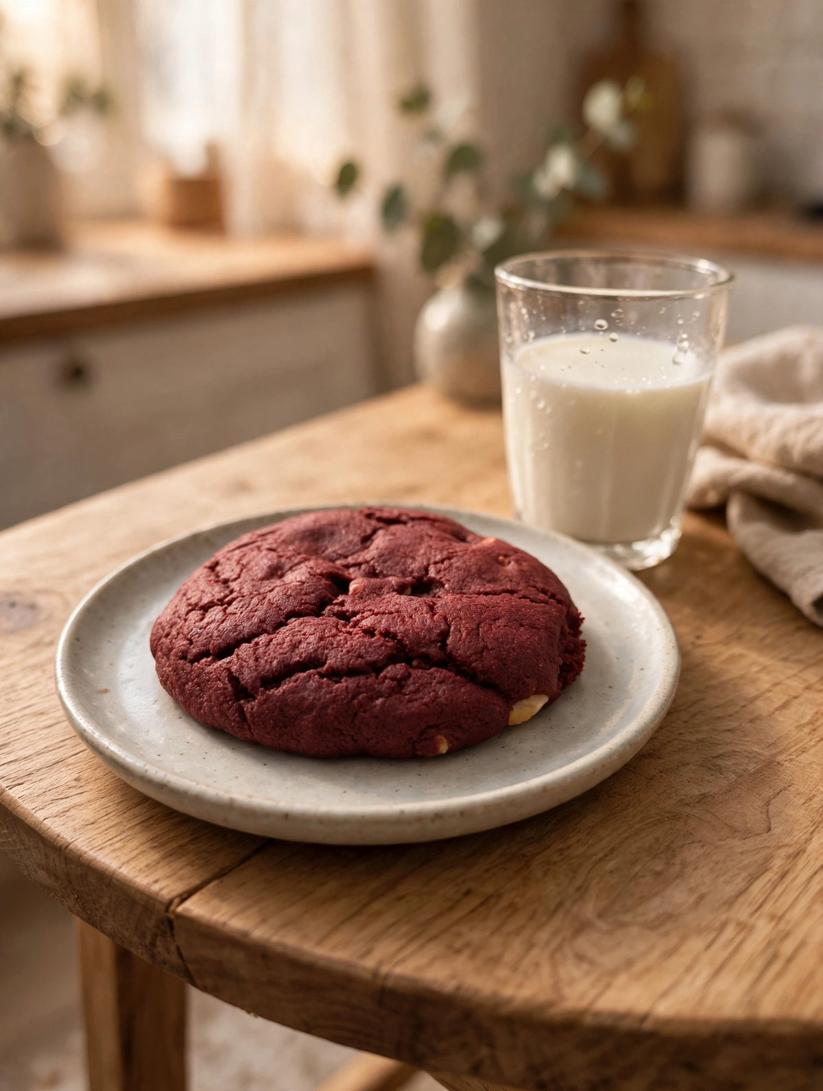 A red velvet cookie on a plate beside a glass of milk.